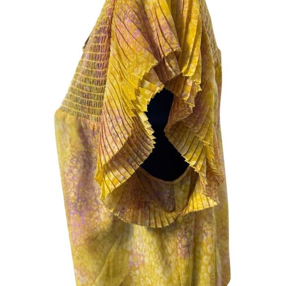 BB Dakota by Steve Madden Smocked Ruffle Sleeve Blouse Yellow Pink Print Top M - Picture 3 of 6